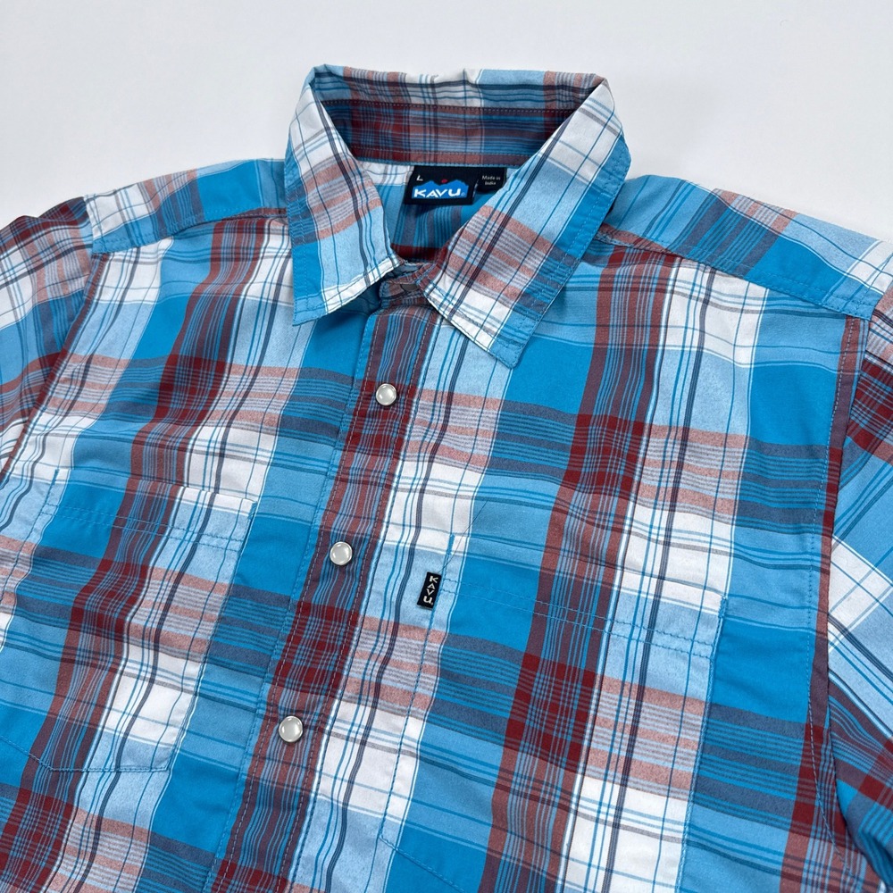 KAVU Mens Shirt L Blue Red Plaid Short Sleeve Button Up Gorpcore Outdoorsy